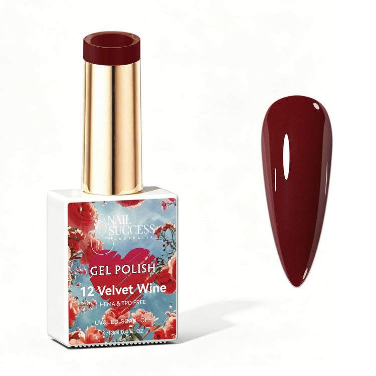 Nail Success Australia Velvet Wine burgundy gel polish bottle with glossy nail colour swatch