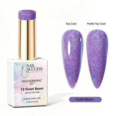 Nail Success Australia Violet Beam holographic gel polish with top coat and matte top coat swatches