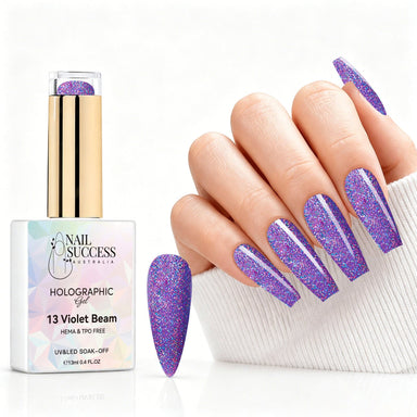 Violet Beam holographic gel polish with purple violet glitter swatch and matching manicure for HEMA and TPO free salon nails