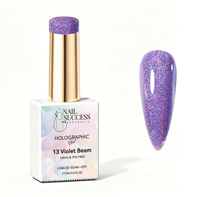 Nail Success Australia Violet Beam holographic gel polish bottle with glossy violet purple holographic nail colour swatch