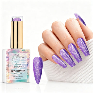 Violet Dream aurora pearl gel polish with purple pearl shimmer swatch and matching manicure for HEMA and TPO free salon nails