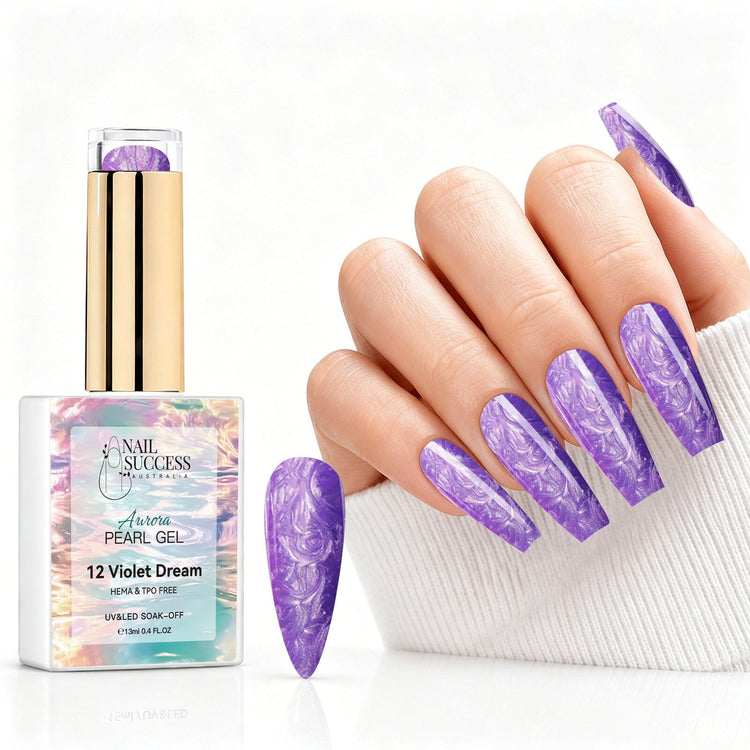 Violet Dream aurora pearl gel polish with purple pearl shimmer swatch and matching manicure for HEMA and TPO free salon nails