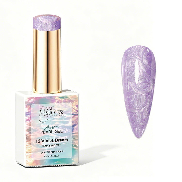 Violet Dream Aurora Pearl Gel Polish with purple pearl shimmer swatch and glossy nail finish