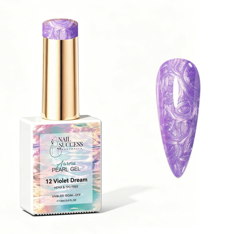 Violet Dream Aurora Pearl Gel Polish with purple pearl shimmer swatch and glossy nail finish