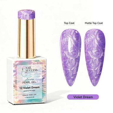Violet Dream Aurora Pearl Gel Polish with purple pearl shimmer swatches in top coat and matte finish