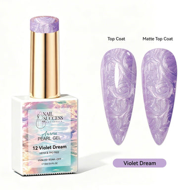 Violet Dream Aurora Pearl Gel Polish with purple pearl shimmer swatches in top coat and matte finish