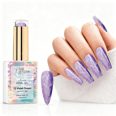 Violet Dream aurora pearl gel polish with purple pearl shimmer swatch and matching manicure for HEMA and TPO free salon nails