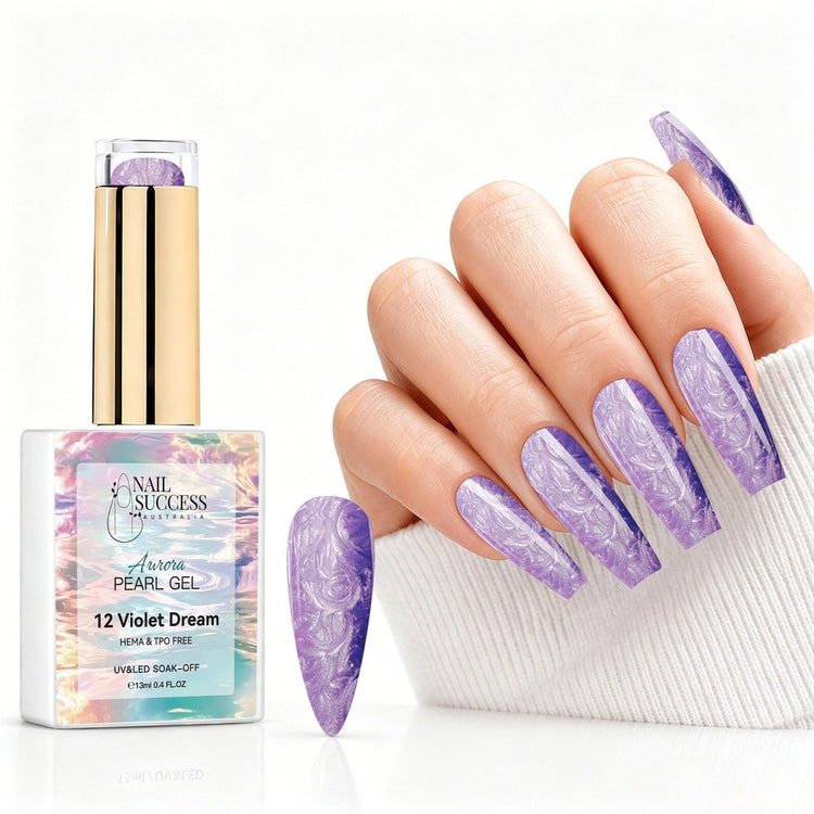 Violet Dream aurora pearl gel polish with purple pearl shimmer swatch and matching manicure for HEMA and TPO free salon nails
