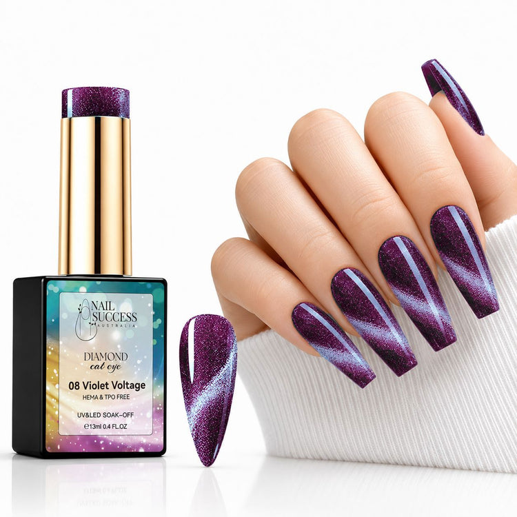 Violet Voltage HEMA- and TPO-free Diamond Cat Eye Gel Polish with matching magnetic manicure and nail swatch – Nail Success Australia