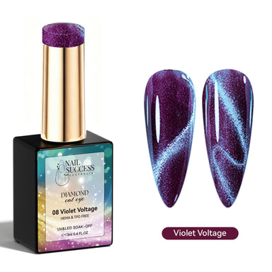 Nail Success Gel Eye 'Diamond cat eye' nail polish in the shade 'Violet Voltage', showing the black bottle with a gold cap and two nail swatches displaying the deep purple glitter polish with blue magnetic cat-eye shimmer.