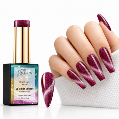 Violet Voltage HEMA- and TPO-free Diamond Cat Eye Gel Polish with matching magnetic manicure and nail swatch – Nail Success Australia