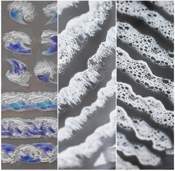 Collage of 3D ocean wave nail art stickers showing blue wave tips and white sea-foam texture close-ups