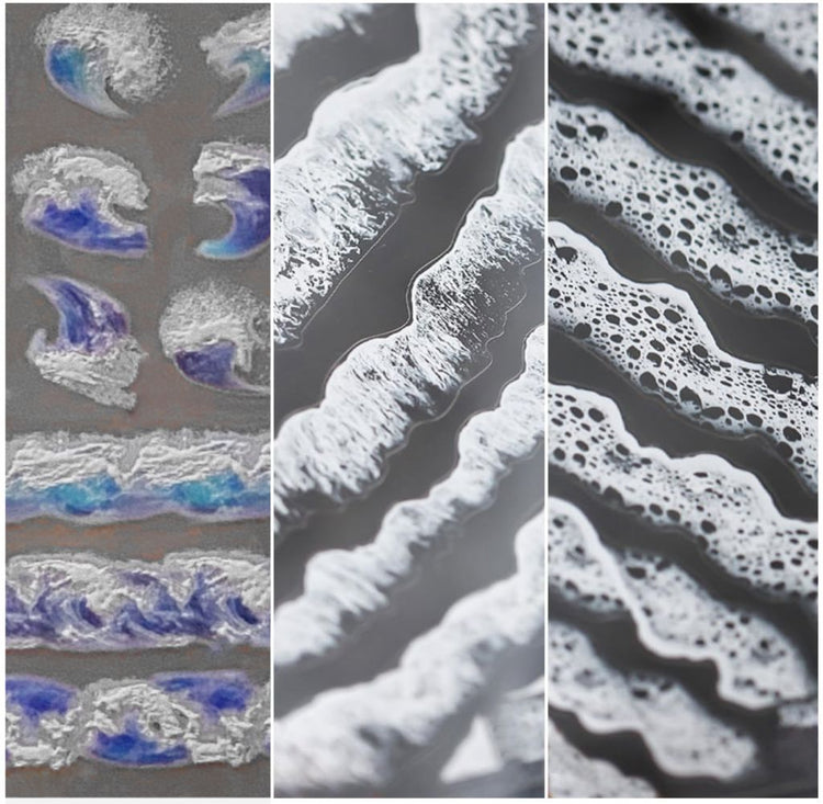 Collage of 3D ocean wave nail art stickers showing blue wave tips and white sea-foam texture close-ups