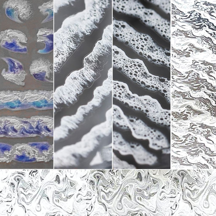 Pack of 5 wave nail art sticker sheets with 3D surf, sea foam and marble water designs (TA-055, TS-686, YT-5262)