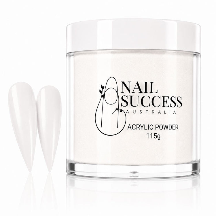 Soft White 20 Silken acrylic nail powder in a 115 g tub with two matching stiletto nail swatches – Nail Success Australia