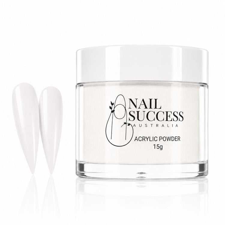 Soft White 20 Silken acrylic nail powder in a 15 g jar with two matching stiletto nail swatches – Nail Success Australia