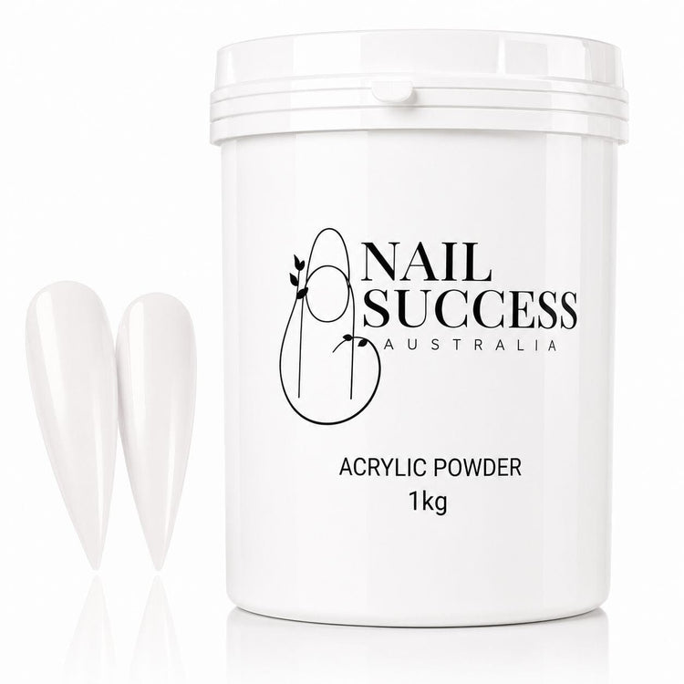 Soft White 20 Silken acrylic nail powder in a 1 kg tub with two matching stiletto nail swatches – Nail Success Australia