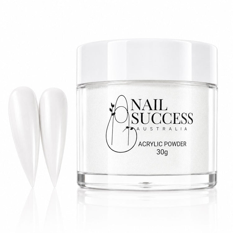 Pure White 20 Blizzard acrylic nail powder in a 30 g jar with two matching stiletto nail swatches – Nail Success Australia