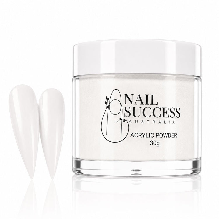 Soft White 20 Silken acrylic nail powder in a 30 g jar with two matching stiletto nail swatches – Nail Success Australia