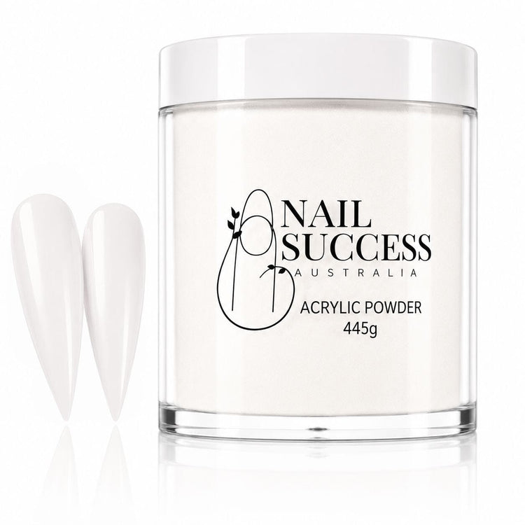 Soft White 20 Silken acrylic nail powder in a 445 g tub with two matching stiletto nail swatches – Nail Success Australia