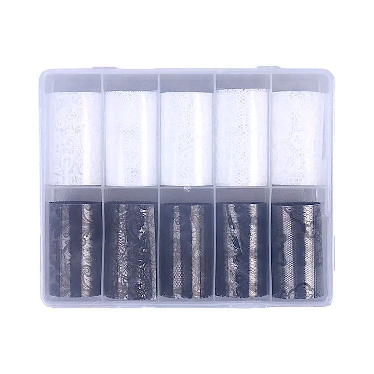 White and black lace nail transfer foils (10 rolls) — assorted lace patterns in storage box