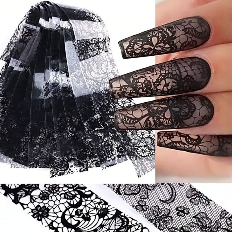 Black lace nail transfer foil set – floral lace pattern decals for gel polish, acrylic and press-on nails
