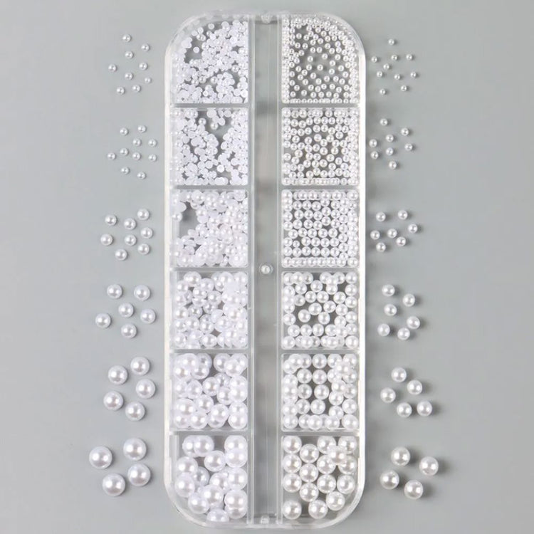 White pearl nail art decoration set with assorted round and half-round pearls in storage case