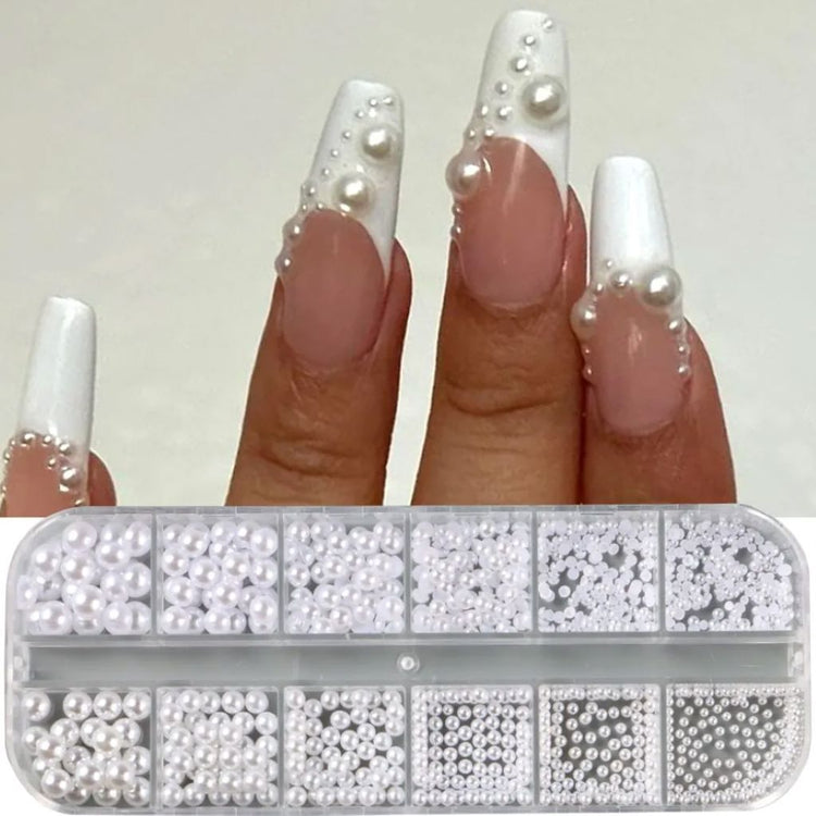 White pearl nail art decoration set with round and half-round pearls in assorted sizes and French manicure sample