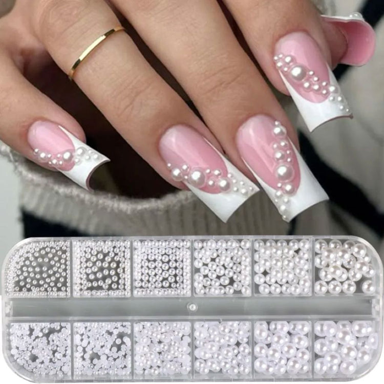White pearl nail art decoration set with assorted round and half-round pearls and pink French manicure sample