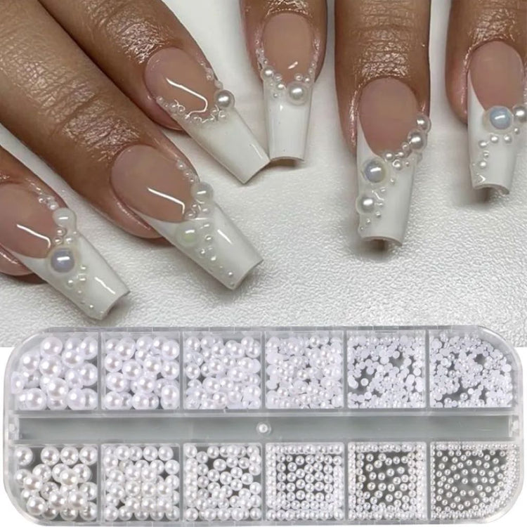 White pearl nail art decoration set with assorted round and half-round pearls and French manicure sample