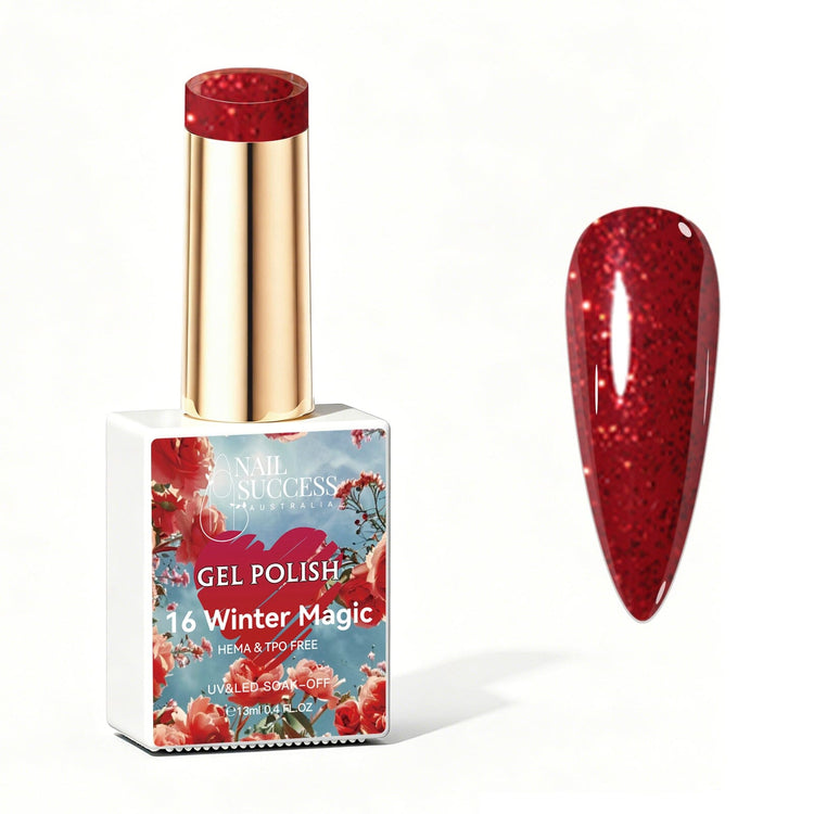 Nail Success Australia Winter Magic red glitter gel polish bottle with glossy nail colour swatch