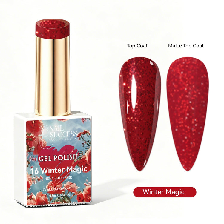 Nail Success Australia Winter Magic red glitter gel polish with glossy and matte nail colour swatches