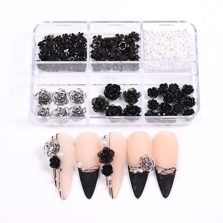 Black Rose Flowers Nail Art Decoration (6-Grid Tray) - NSI Australia