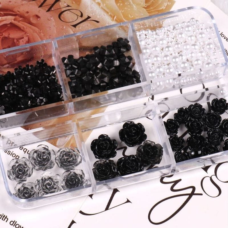 Black Rose Flowers Nail Art Decoration (6-Grid Tray) - NSI Australia
