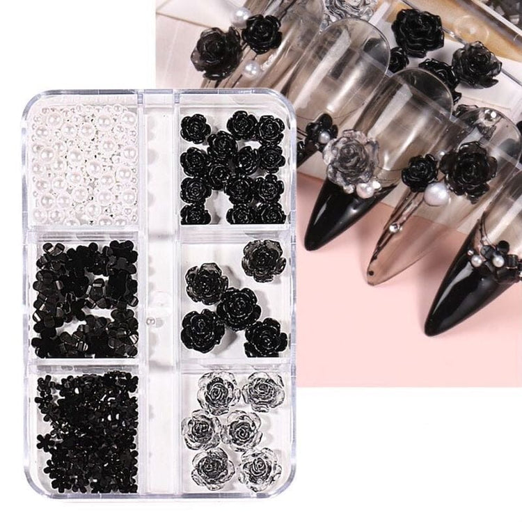Black Rose Flowers Nail Art Decoration (6-Grid Tray) - NSI Australia