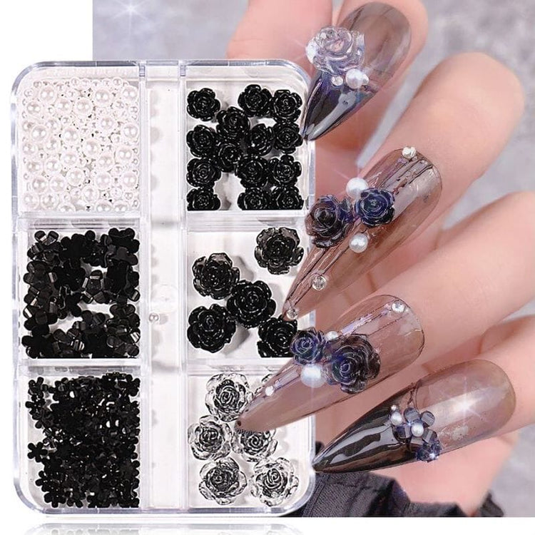 Black Rose Flowers Nail Art Decoration (6-Grid Tray) - NSI Australia