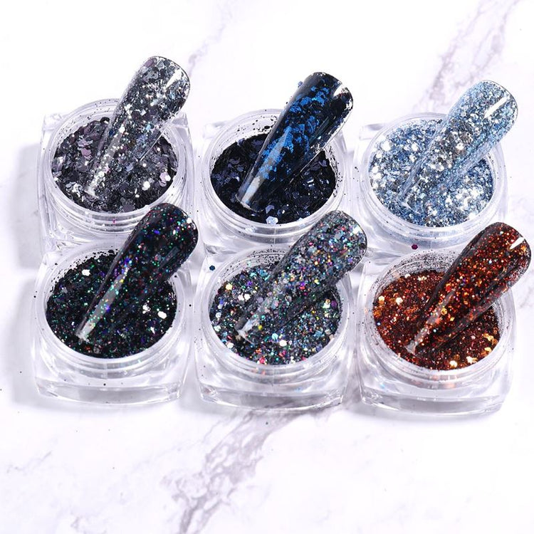 Glitter Flakes Nail Art - Set 6pcs Jar - NSI Australia