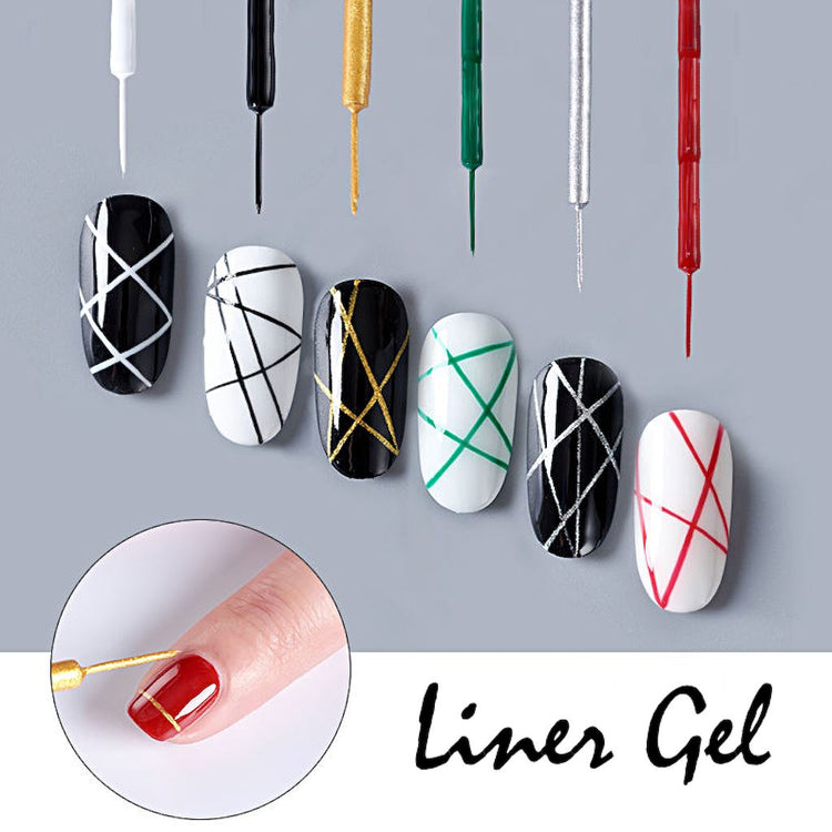 NSI Liner Art Gel—fine brushes drawing thin lines; black and white tips with silver, gold, green and red striping.