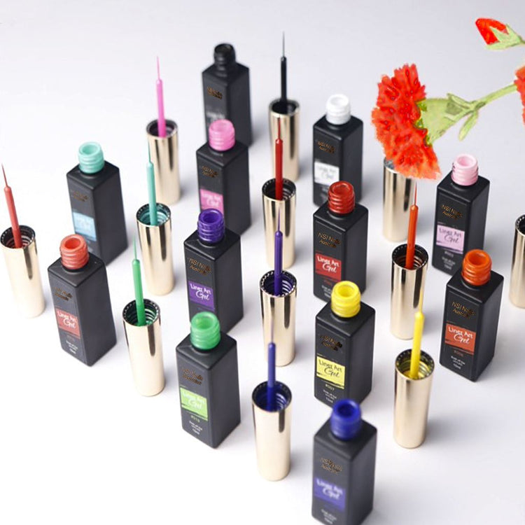 NSI Liner Art Gel collection—open bottles with fine liner brushes in assorted colours for precision nail art on white