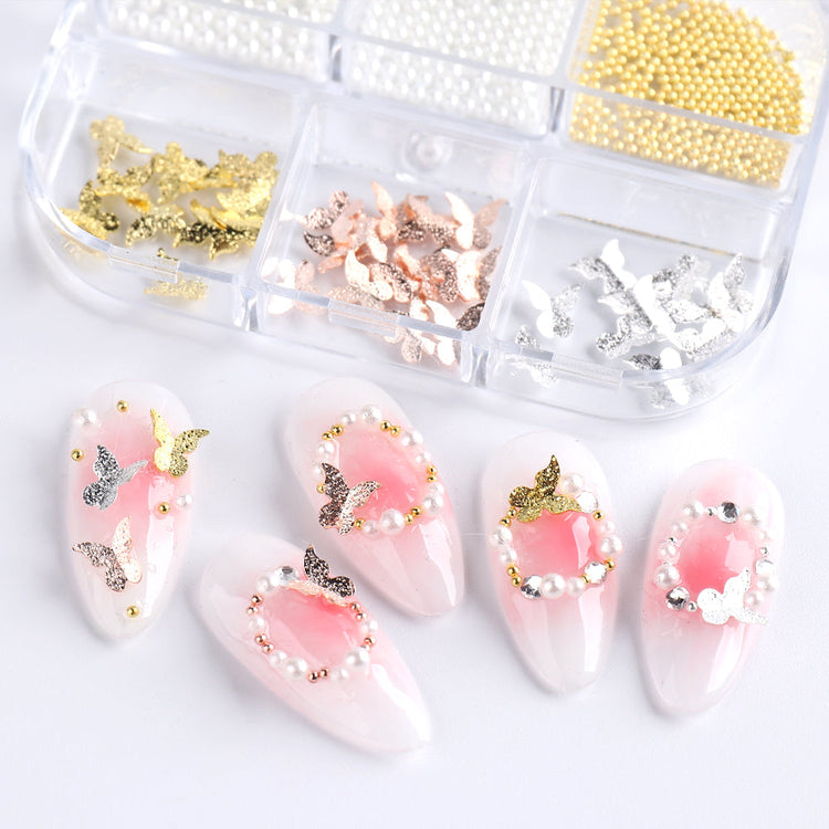 Metal 3D Butterfly And Pearl Nail Decoration (6-Grid Tray) - NSI Australia