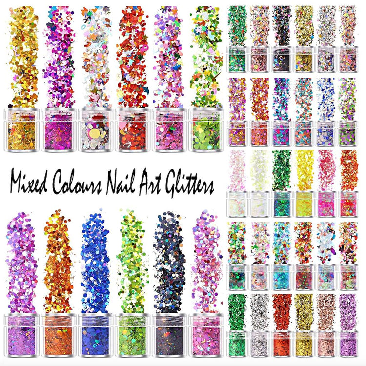 Mixed Colours and Shapes Nail Art Glitters - Set 6pcs Jar - NSI Australia
