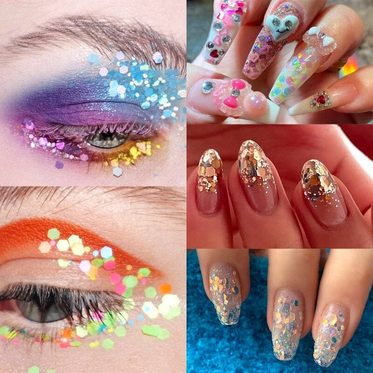 Mixed Colours and Shapes Nail Art Glitters - Set 6pcs Jar - NSI Australia