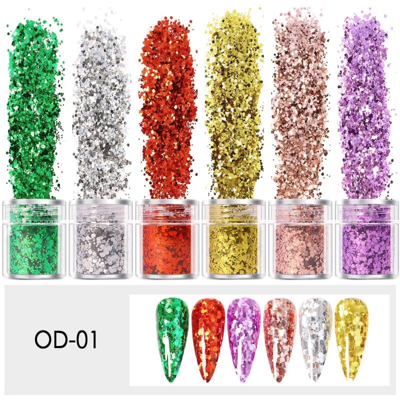 Mixed Colours and Shapes Nail Art Glitters - Set 6pcs Jar - NSI Australia