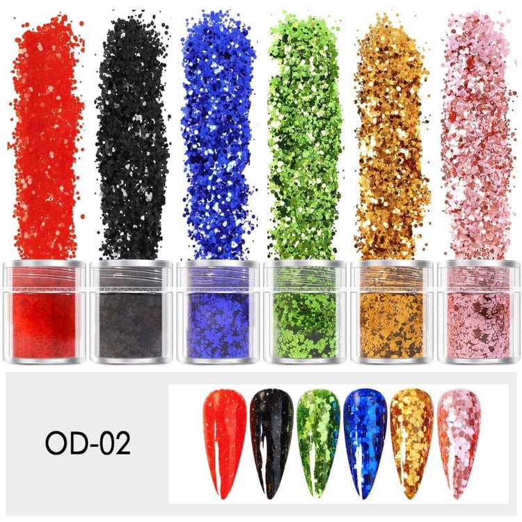 Mixed Colours and Shapes Nail Art Glitters - Set 6pcs Jar - NSI Australia