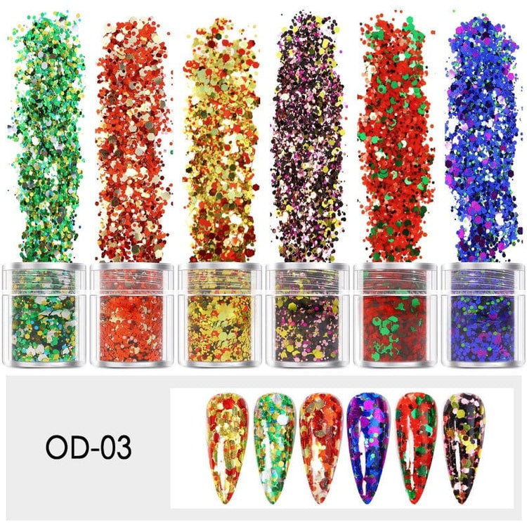 Mixed Colours and Shapes Nail Art Glitters - Set 6pcs Jar - NSI Australia