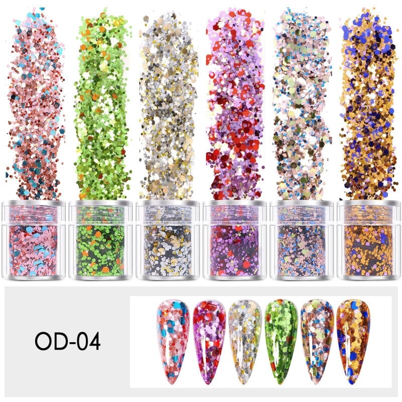Mixed Colours and Shapes Nail Art Glitters - Set 6pcs Jar - NSI Australia