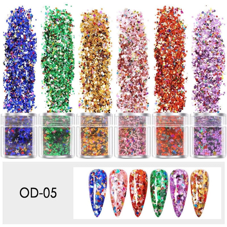 Mixed Colours and Shapes Nail Art Glitters - Set 6pcs Jar - NSI Australia