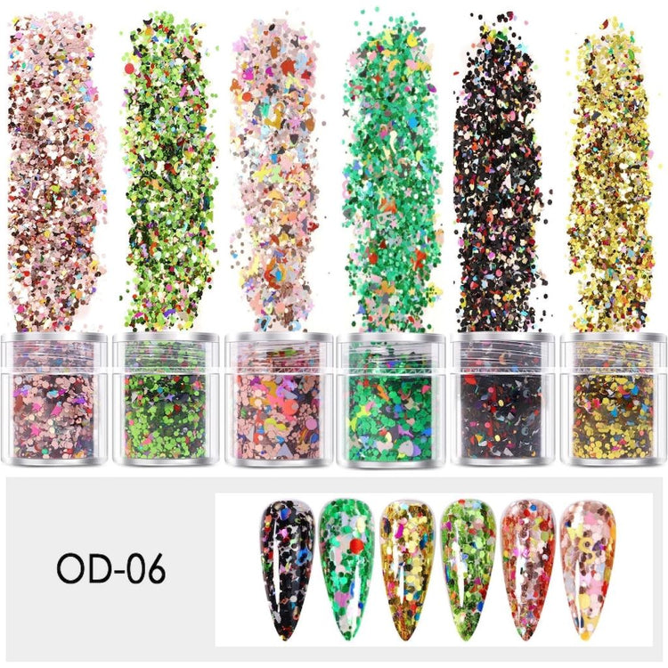 Mixed Colours and Shapes Nail Art Glitters - Set 6pcs Jar - NSI Australia
