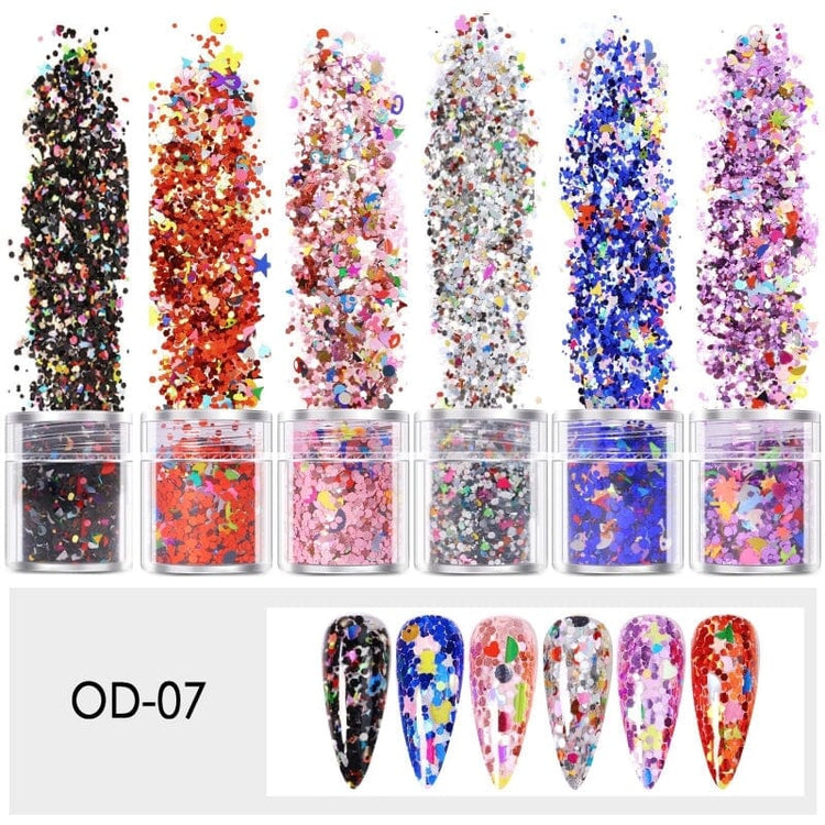 Mixed Colours and Shapes Nail Art Glitters - Set 6pcs Jar - NSI Australia
