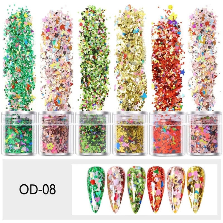 Mixed Colours and Shapes Nail Art Glitters - Set 6pcs Jar - NSI Australia